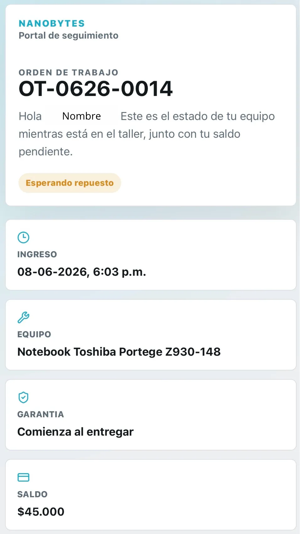 Portal de seguimiento NanoBytes: estado de la orden, equipo y saldo pendiente